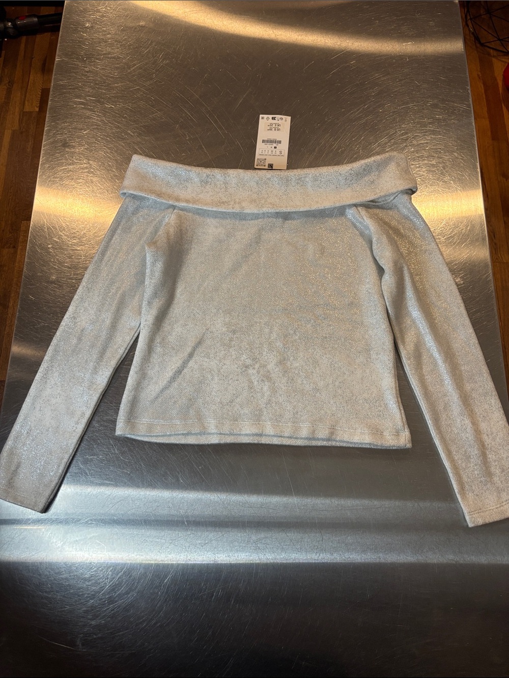 Zara Light Silver Off-the-Shoulder Metallic Knit Sweater